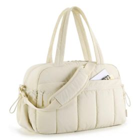 Beige large capacity stitched fluffy shoulder bag, waterproof portable luggage tote bag, multi zipper pocket design, sports and fitness travel ha