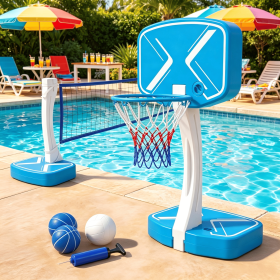 2-in-1 Pool Game Set with Basketball Hoop And Volleyball Net Inflatable Water Toys with Weighted Base