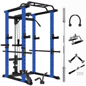 Blue Multi-functional Power Cage, Weight Lifting, Home Adjustable Pullup Squat Rack 1000Lbs Capacity Comprehensive Fitness Barbell Rack Olympic Bar