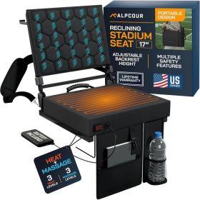 Alpcour Heated Massage Reclining Stadium Seat With Back Support For Bleachers 17 or 21 Inches Wide Black Honeycomb Power Bank (Option: Black-17Wide)