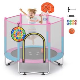 3-in-1 Kids Trampoline 60" With Basketball Hoop & Dartboard, Gap-Free Jumping Mat Toddler Trampoline For Ages 3-6 Pink/Blue (Option: Defaulttitle)