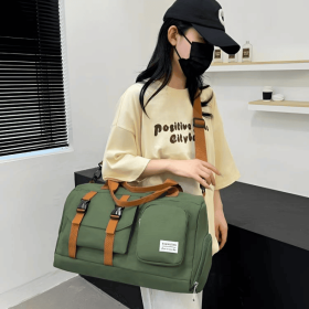 Large capacity travel storage bag with multiple pockets for dry and wet separation, suitable for both handheld and crossbody use (Color: JUNLV)
