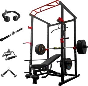 Multi-functional Power Cage, Weight Lifting, Home Adjustable Pullup Squat Rack 1000Lbs Capacity Comprehensive Fitness Barbell Rack (Color: Black-Red)